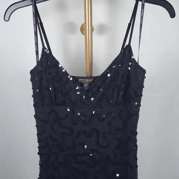 Betsey Johnson Black Sequin Mesh Flutter Spaghetti Strap Midi Evening Dress  SZ4